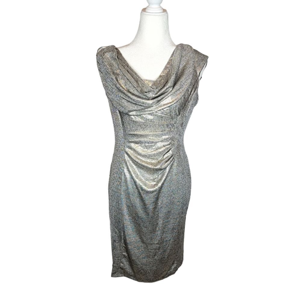 NWT Tahari Arthur S. Levine Metallic Draped Cowl Neck Starburst Cut Dress
